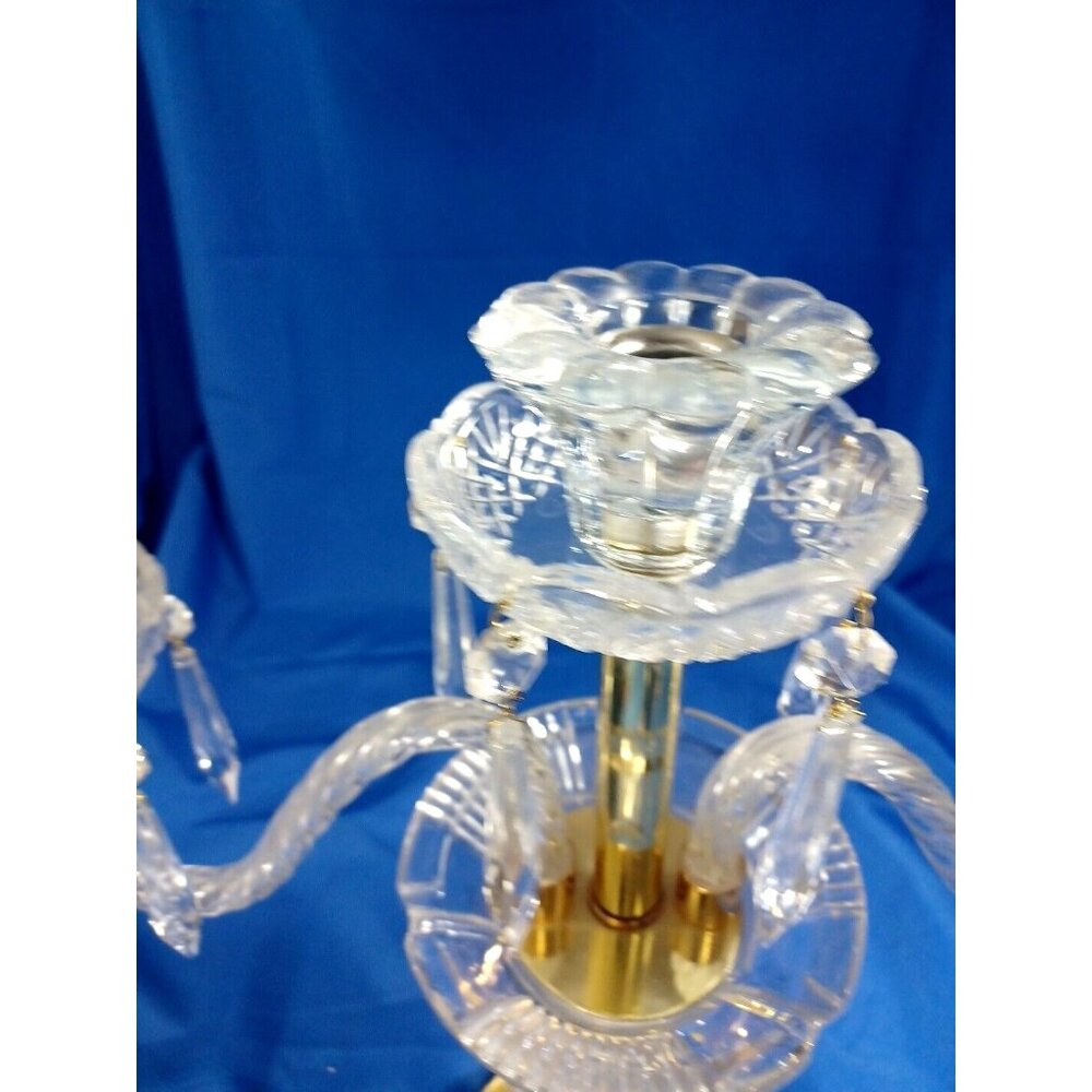 XL Cut Crystal 3 Arm Candlestick Candelabra Prisms Hollywood Regency MCM Brass - Picture 5 of 10